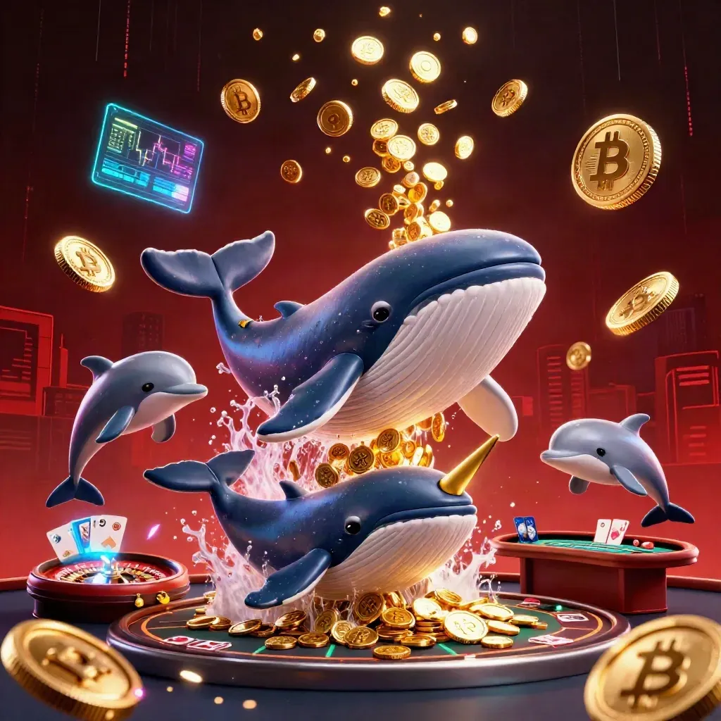 Whale captain, narwhal, and dolphins amid coins, roulette, and neon casino sparks