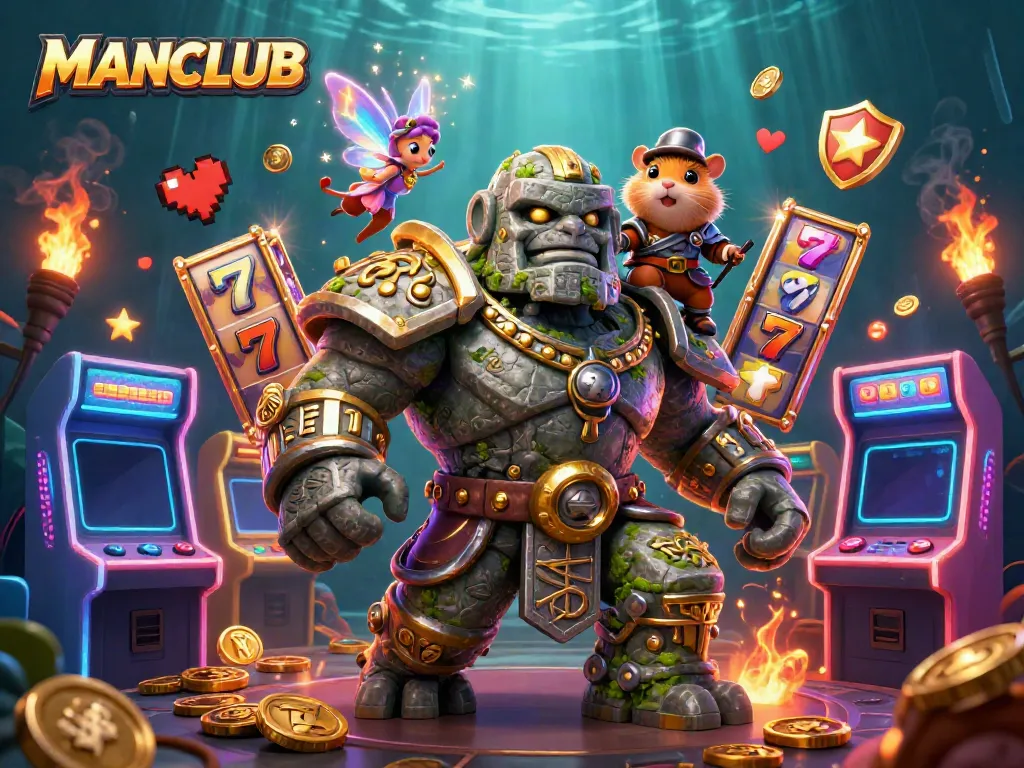 Experience thrilling wins with MANCLUB's vibrant casino scene featuring magical characters and slot machines.
