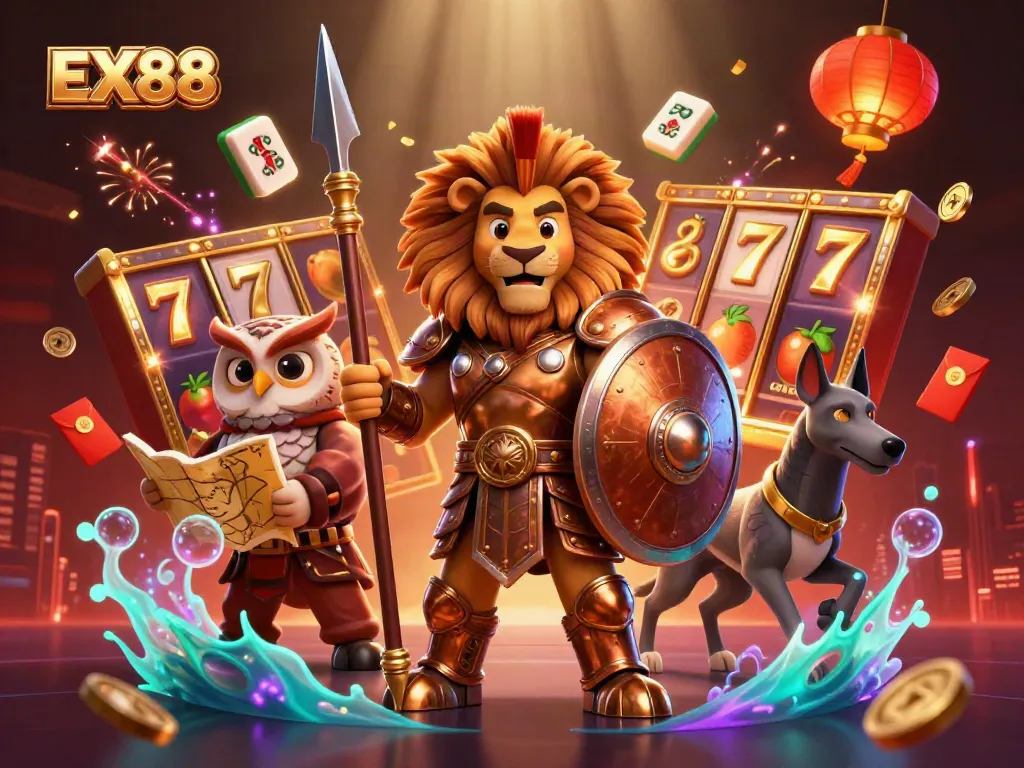 Spin the reels of EX88 with vibrant symbols and characters bringing casino luck.