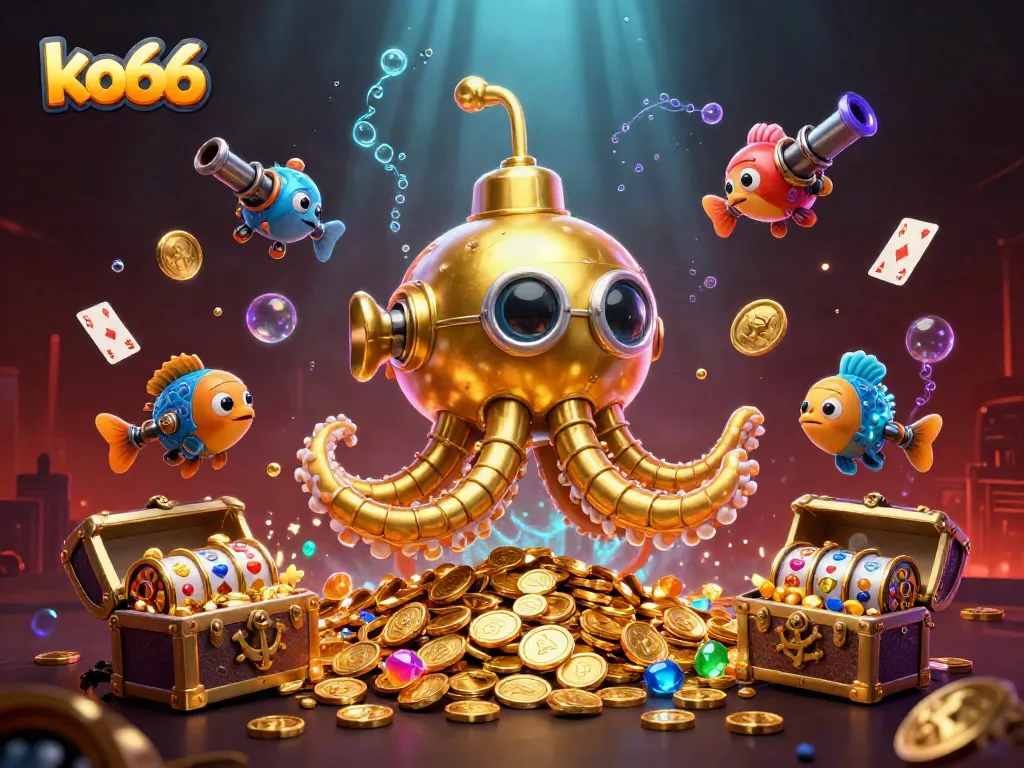 Experience the thrill of winning at ko66 casino with a dynamic scene of a golden kraken submarine amidst gold coins and slot elements.