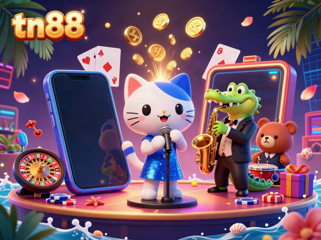 Watch as the tn88 slot game characters bring vibrant excitement to the casino floor in this illustration.