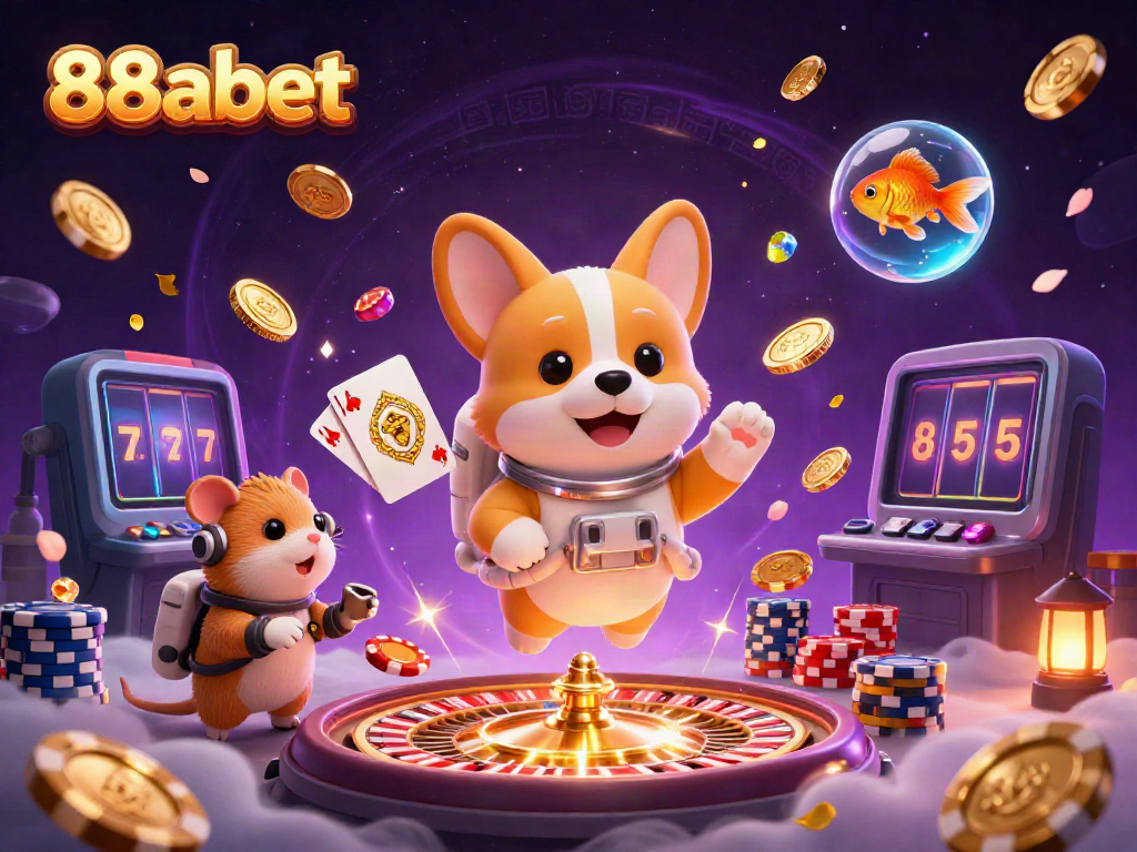 Experience exciting gaming with 88abet as a cartoon corgi and friends explore a vibrant casino.