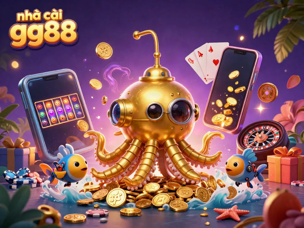 Engage with nhà cái gg88, a vibrant 3D scene featuring a golden kraken submarine and mechanical fish amidst a treasure of casino elements.