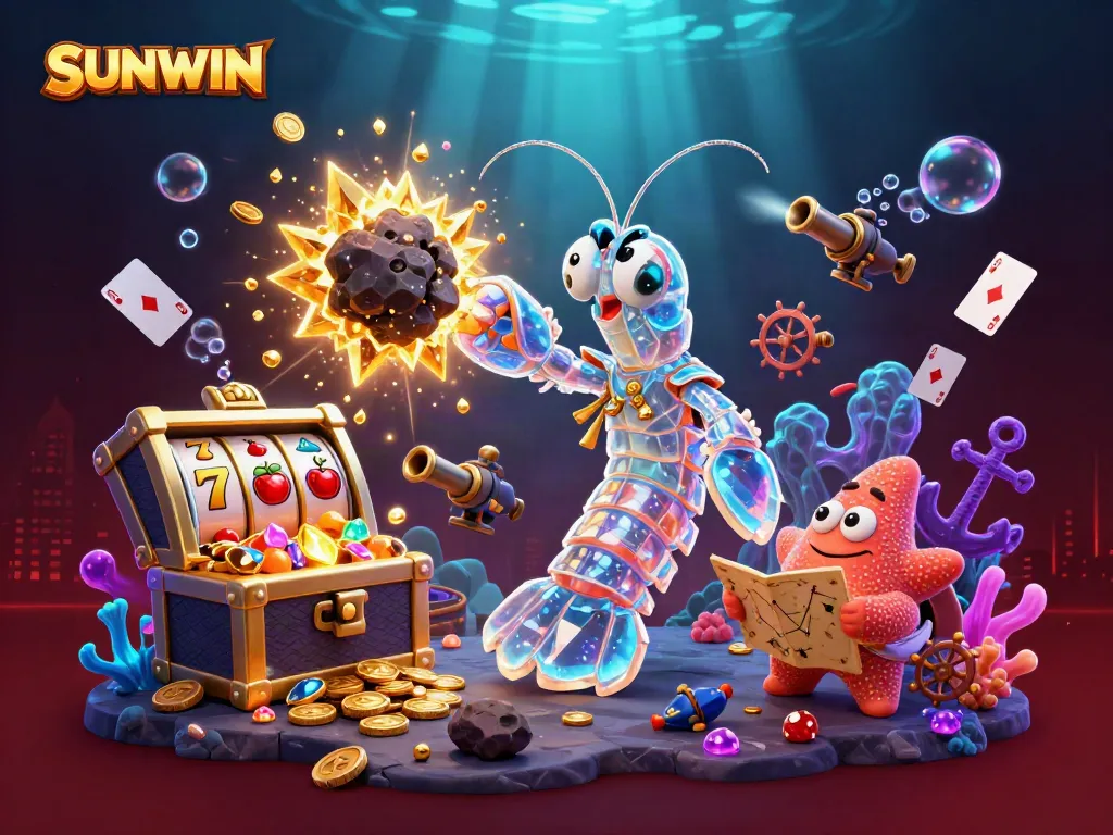 SUNWIN brings excitement with a galactic shrimp casino battle, exploding gems and slot reels in a vibrant underwater scene.