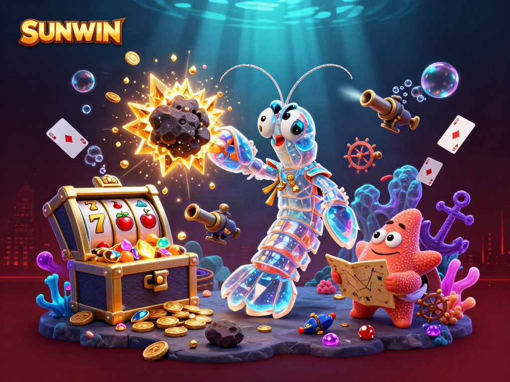SUNWIN brings excitement with a galactic shrimp casino battle, exploding gems and slot reels in a vibrant underwater scene.