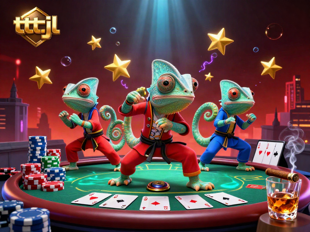 Experience thrilling moments with tttjl's colorful chameleon team showcasing martial arts on a dynamic casino rooftop.