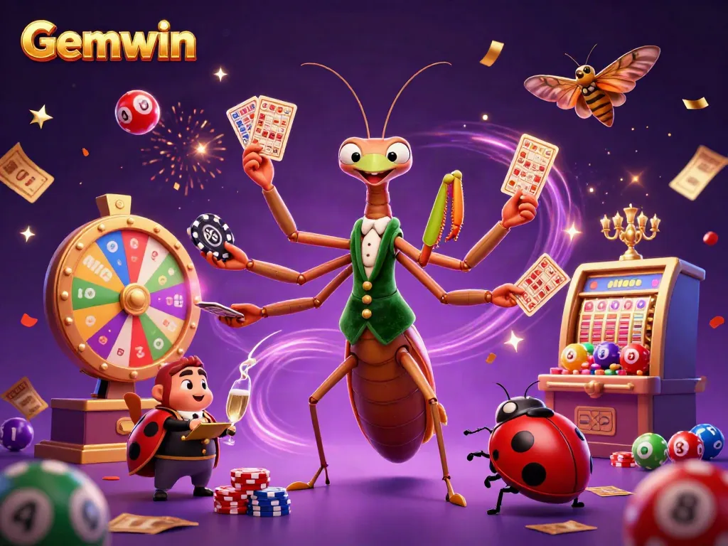 Gemwin offers a vibrant gambling scene with a giant mantis and ladybug characters surrounded by lottery elements.