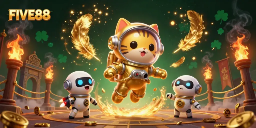 Experience exciting gameplay with FIVE88 in this dynamic casino scene featuring astronauts and alien creatures.