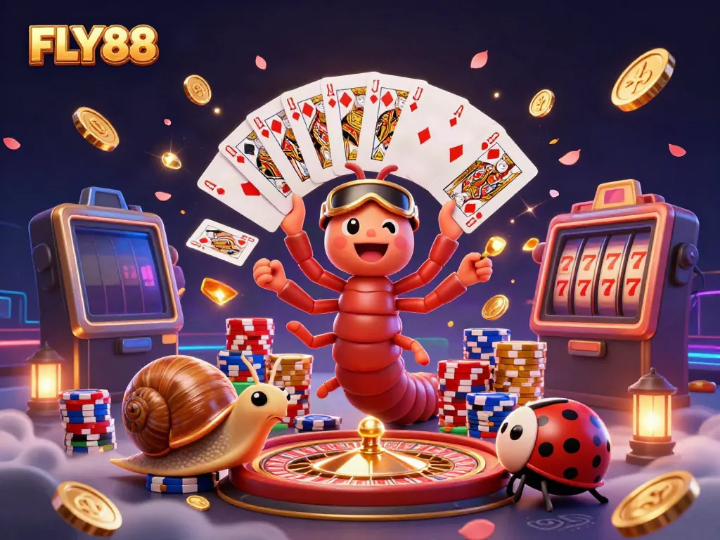 FLY88 casino scene with a cartoon millipede dealer and a snail high-roller showcasing excitement.