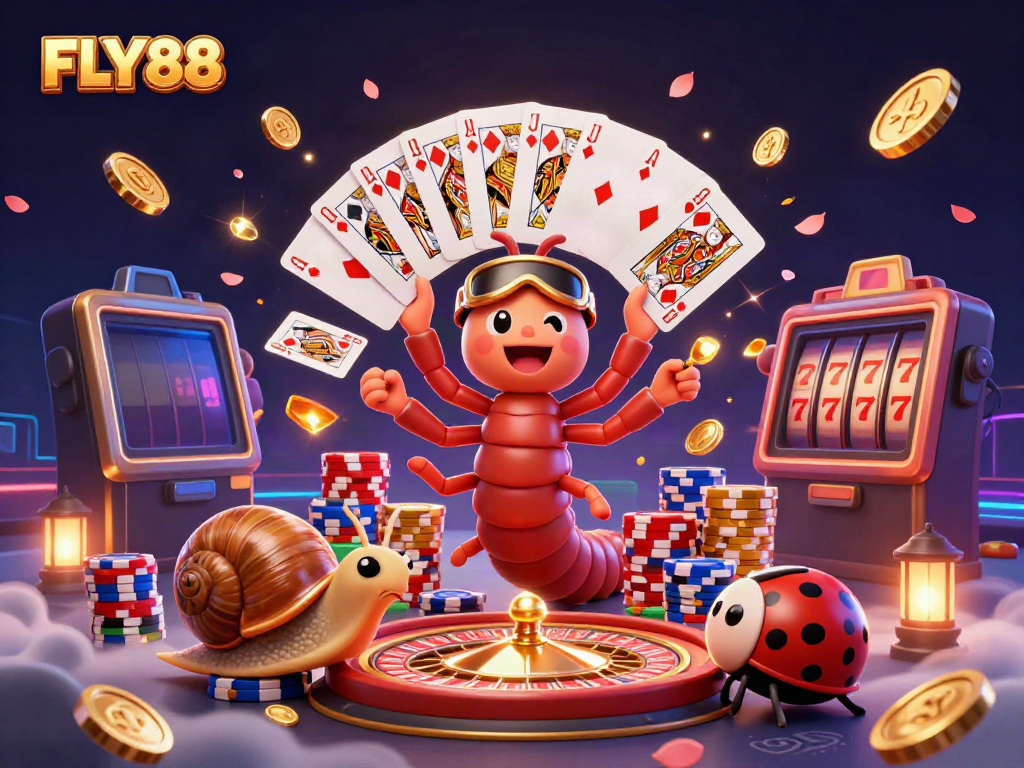 FLY88 casino scene with a cartoon millipede dealer and a snail high-roller showcasing excitement.