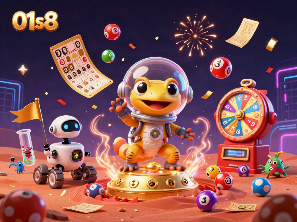 Engage in the thrilling 01s8 Martian casino adventure with a retro gecko and dynamic gambling elements.
