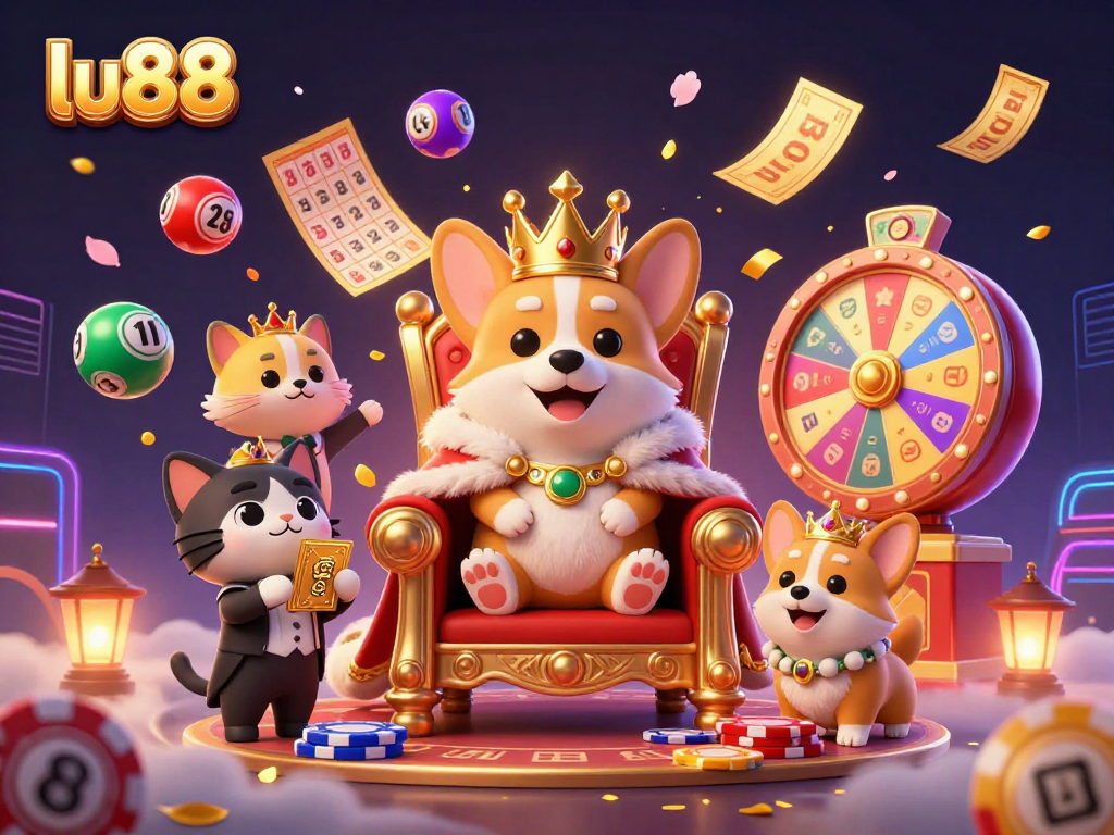 Experience gaming excitement with lu88 featuring a crowned corgi and lottery elements.