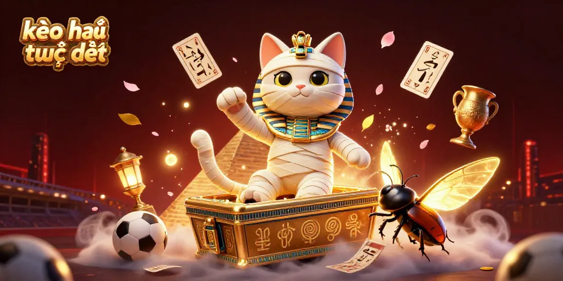 Engage with kèo nhà cái trực tiếp through an exhilarating illustration of a mummy cat and scarab beetle in a vibrant casino setting.