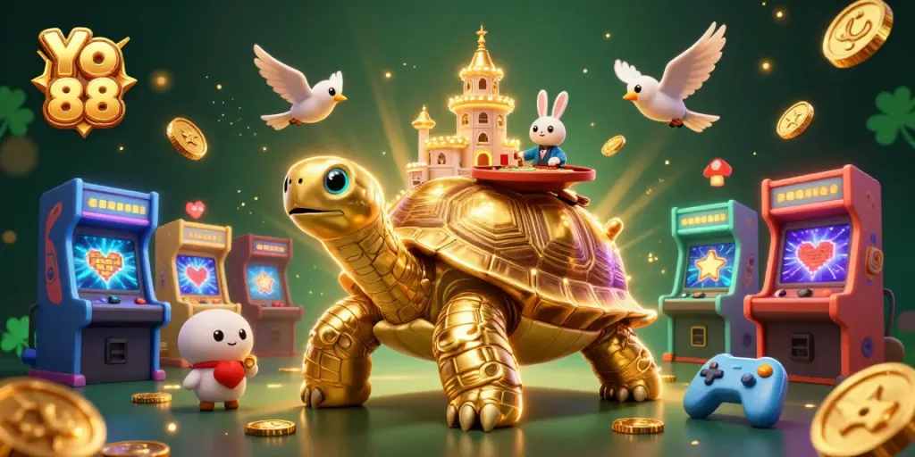 Win big at Yo 88 with a vibrant gaming scene featuring golden tortoise and rabbit dealer.