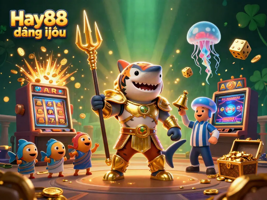 Experience the thrilling world of Hay88 đăng nhập with vibrant 3D scene showcasing a gladiator shark, slot machines, and a lively underwater atmosphere.