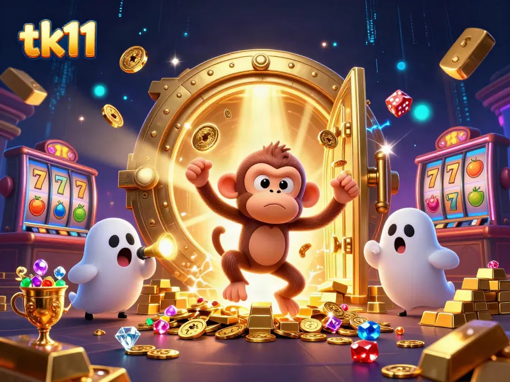 Experience tk11 with a fun-filled haunted casino scene featuring vibrant characters and slot game elements.
