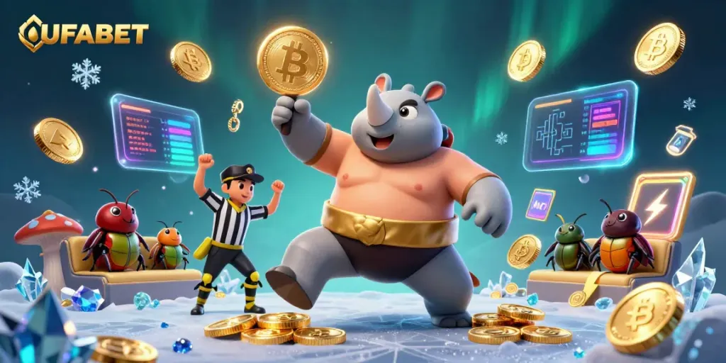 Experience thrilling fun with UFABET, featuring an action-packed scene of a rhinoceros beetle champion amidst flying coins.