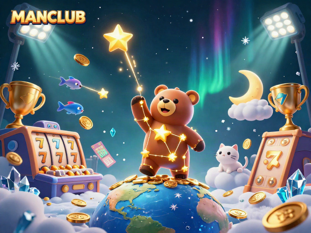 Engage in thrilling casino action with MANCLUB's vibrant 3D scene filled with stars and luck.