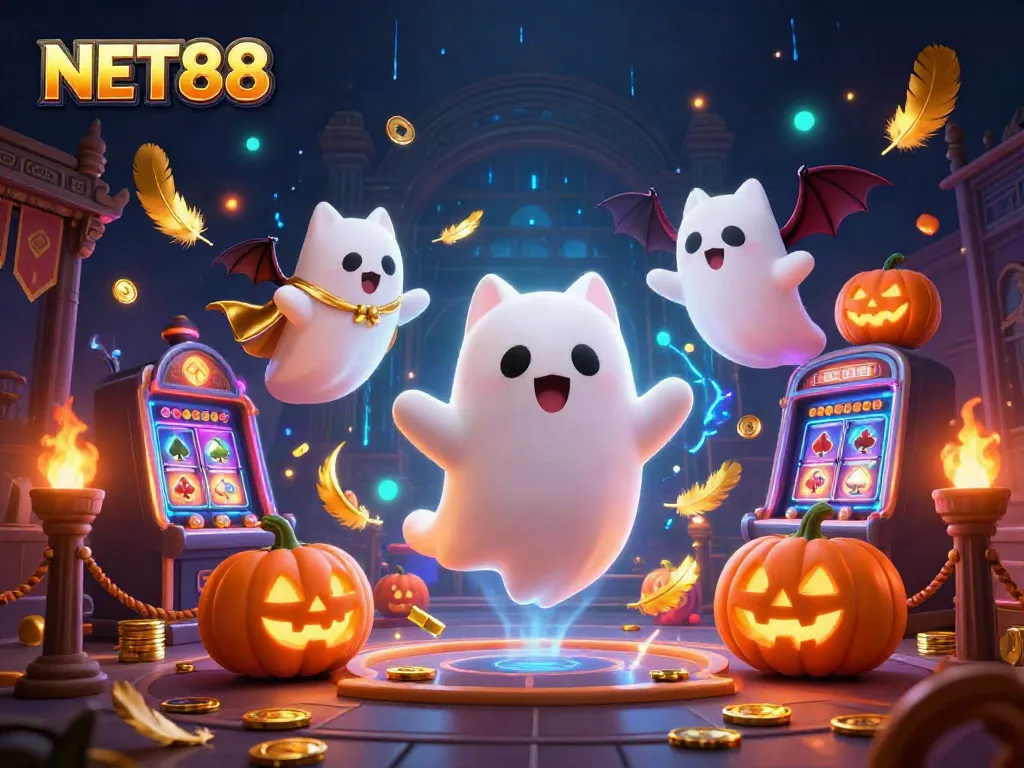 Engaging NET88 gaming visual featuring friendly ghost cat and bat in a haunted casino.
