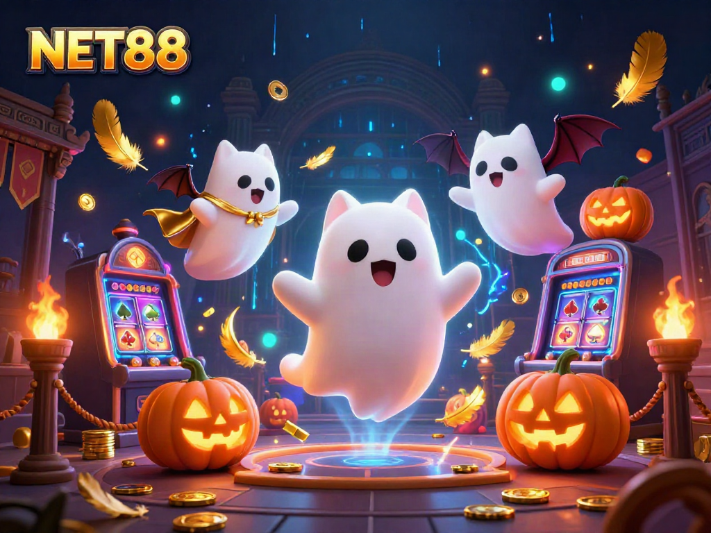 Engaging NET88 gaming visual featuring friendly ghost cat and bat in a haunted casino.