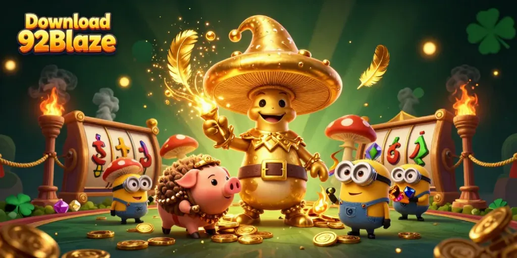 Download 92Blaze with a vibrant scene of golden wizardry, treasures, and engaging casino elements.