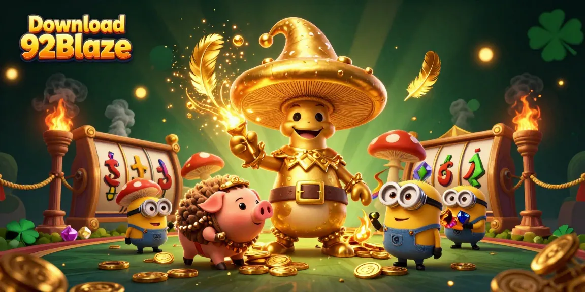 Download 92Blaze with a vibrant scene of golden wizardry, treasures, and engaging casino elements.