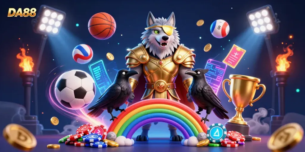Engage in thrilling sports betting with DA88, where a mythical scene blends Norse elements and vibrant gaming.