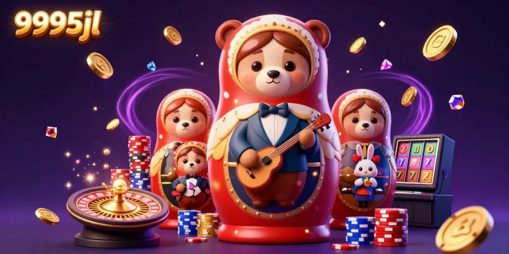 Engaging scene showcasing 9995jl with a Matryoshka bear and casino elements illustrating gaming excitement.