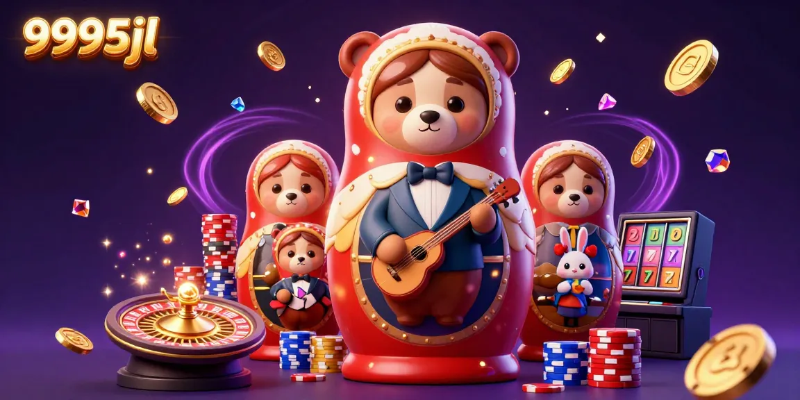 Engaging scene showcasing 9995jl with a Matryoshka bear and casino elements illustrating gaming excitement.