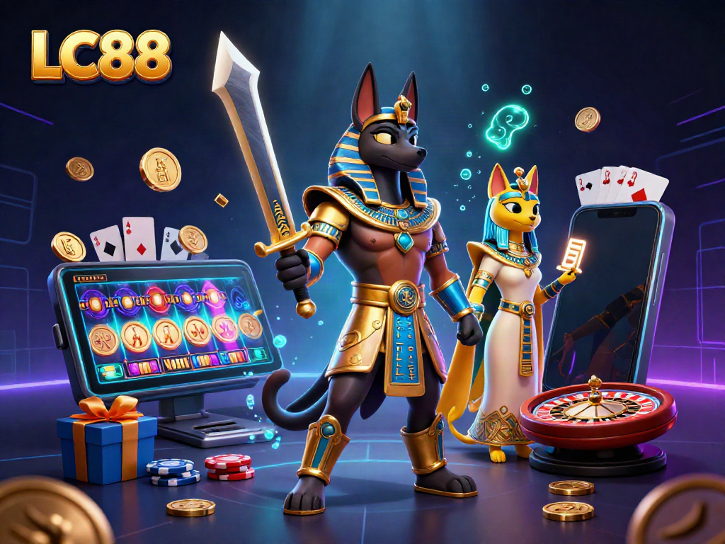 Experience the vibrant casino action with LC88's cartoon-themed gambling scene featuring dynamic characters and gameplay elements.