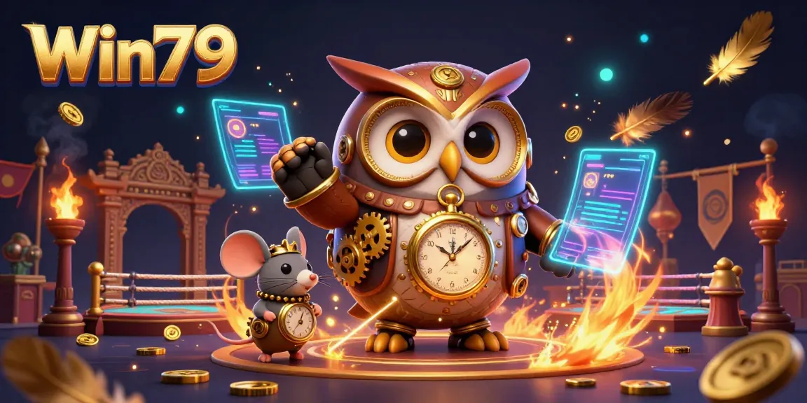 Experience thrilling games at Win79 with steampunk owl and futuristic casino elements.