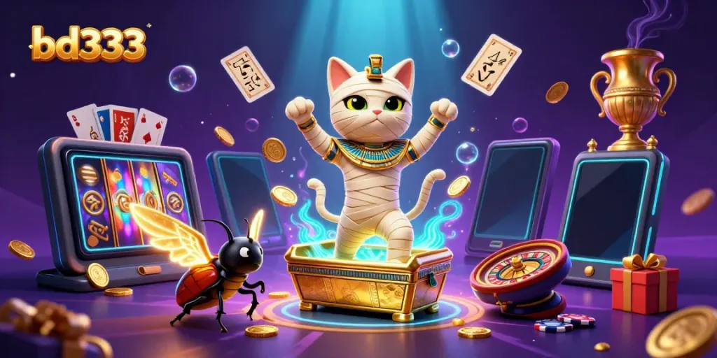 Experience thrilling adventures with bd333 in a vibrant casino illustration featuring a mummy cat and exciting gaming elements.