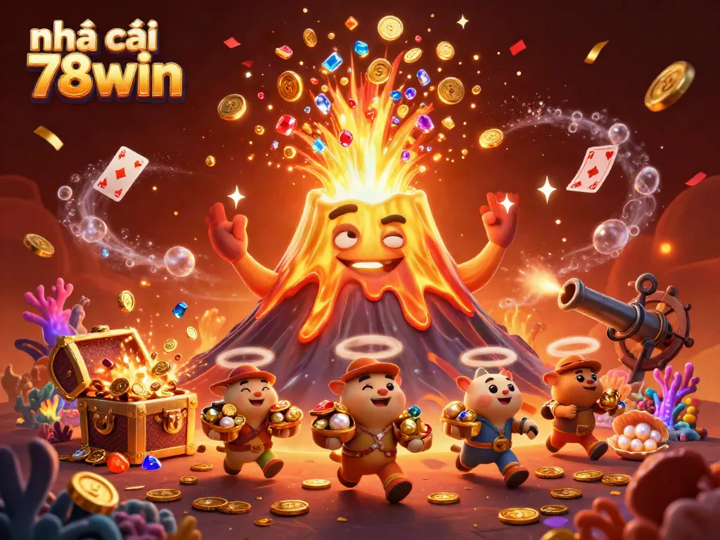 Experience the thrill at nhà cái 78win with a colorful eruption of coins and treasures in this vibrant casino scene.