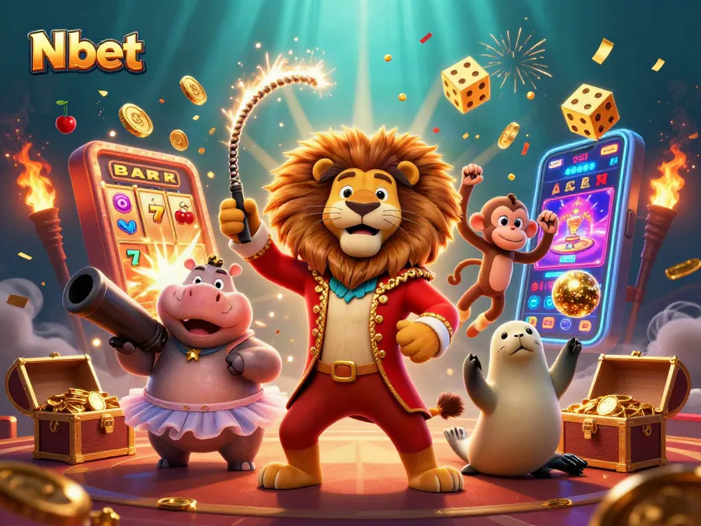 N bet casino scene reveals winning moments with lion ringmaster, hippo, and monkey in action.