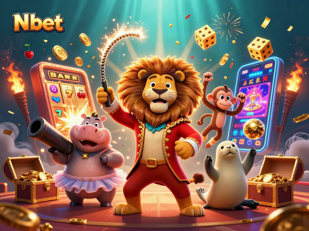 N bet casino scene reveals winning moments with lion ringmaster, hippo, and monkey in action.