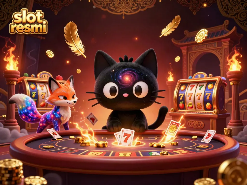 Engage with the vibrant casino scene featuring the magical black hole cat and colorful nebula fox promoting slot resmi excitement.