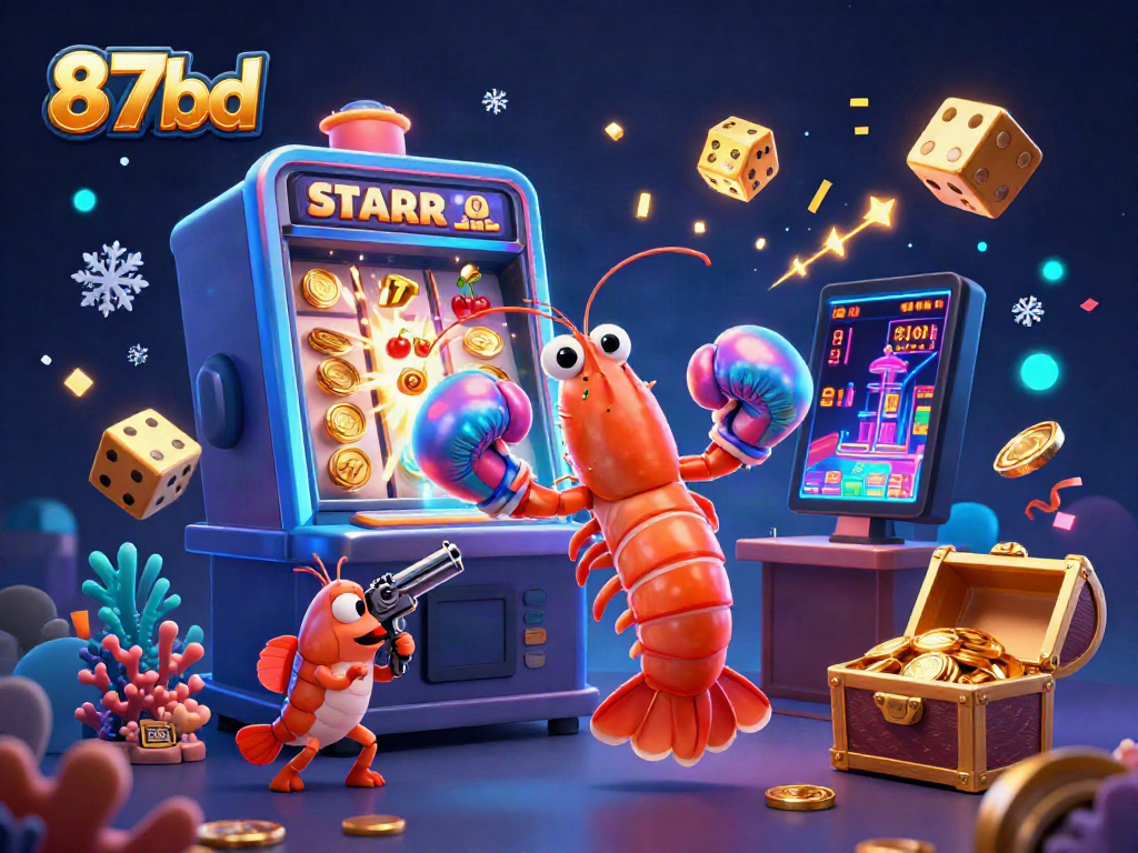 Experience the thrill of 87bd with an explosive casino scene featuring vibrant characters and striking slot machines.