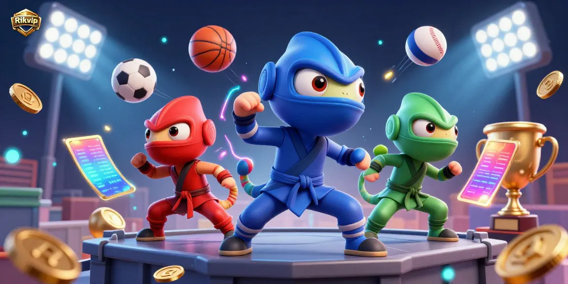 Engage with Rikvip's thrilling online betting experience featuring ninja chameleons amid dynamic sports elements.