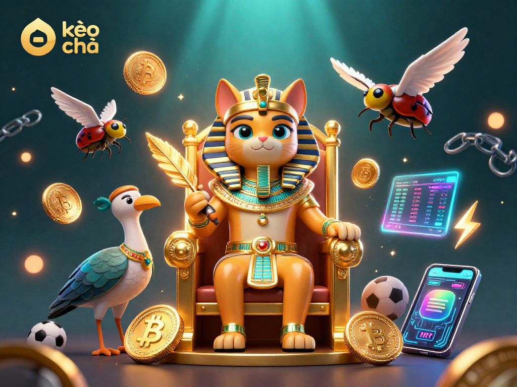 Bet on kèo nhà cái with a vibrant 3D illustration featuring a pharaoh cat and crypto elements.
