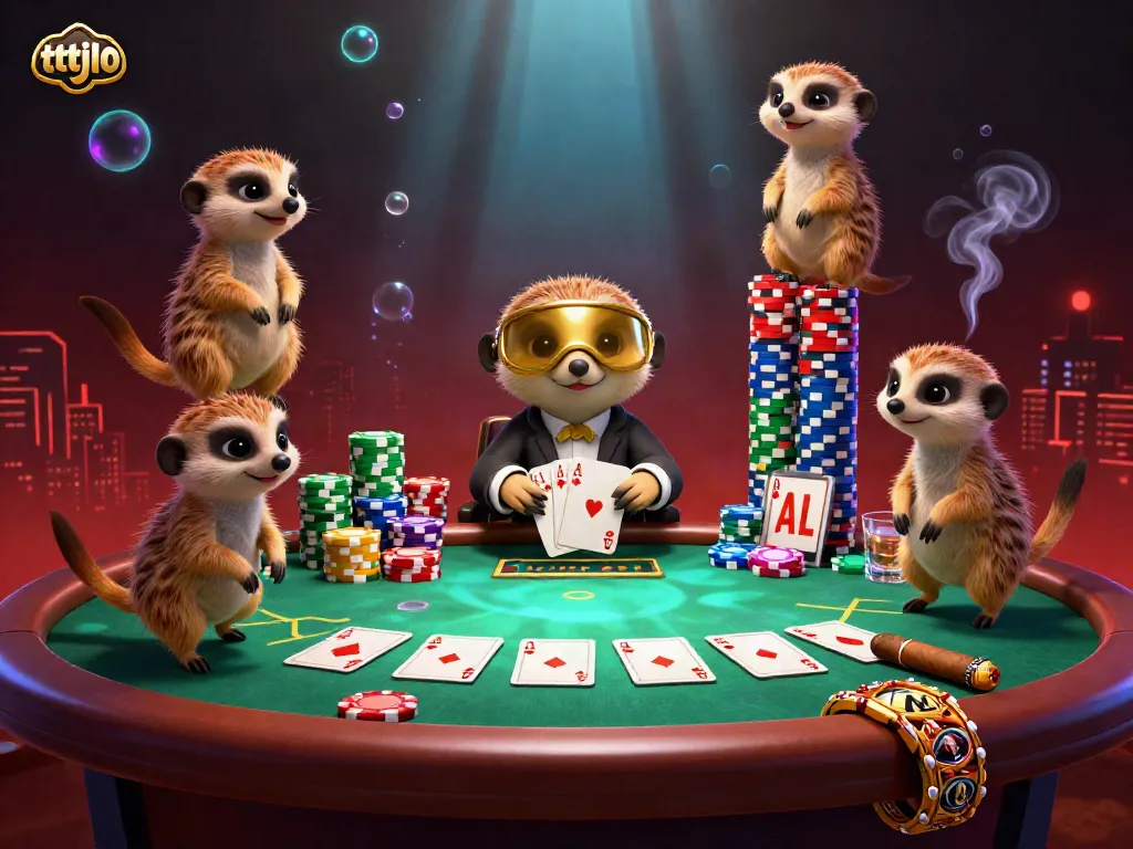 Engage with tttjl0 in a vibrant 3D cartoon casino scene where meerkats manage poker tables and colorful chips.