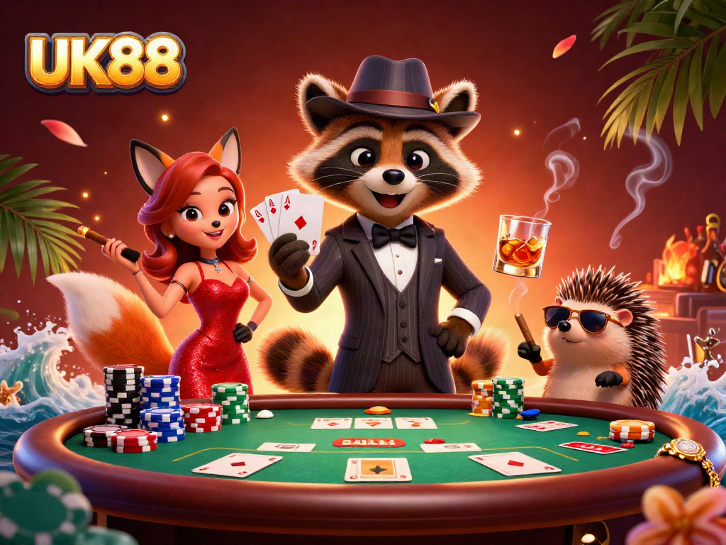 Experience the excitement of UK88 as a suave raccoon shows a royal flush at a poker table.