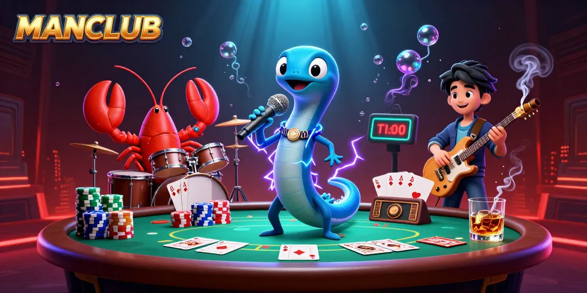 Engage in the underwater casino world of MANCLUB with vibrant characters like DJ electric eel and game elements.