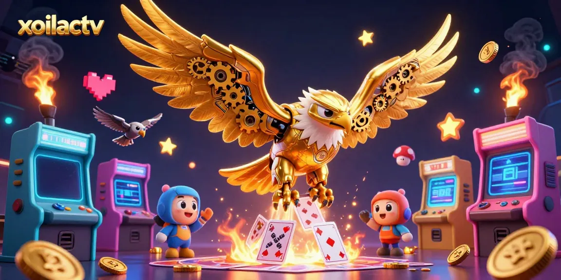 Experience thrilling gaming at xoilactv with a dynamic 3D illustration showcasing a golden eagle soaring through casino elements.