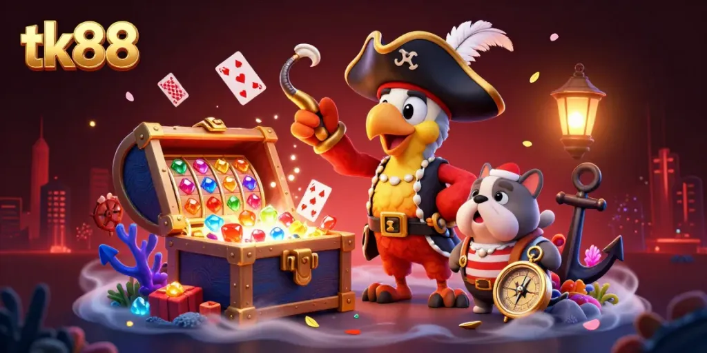 Experience vibrant tk88 slot action with pirate characters and immersive casino elements.