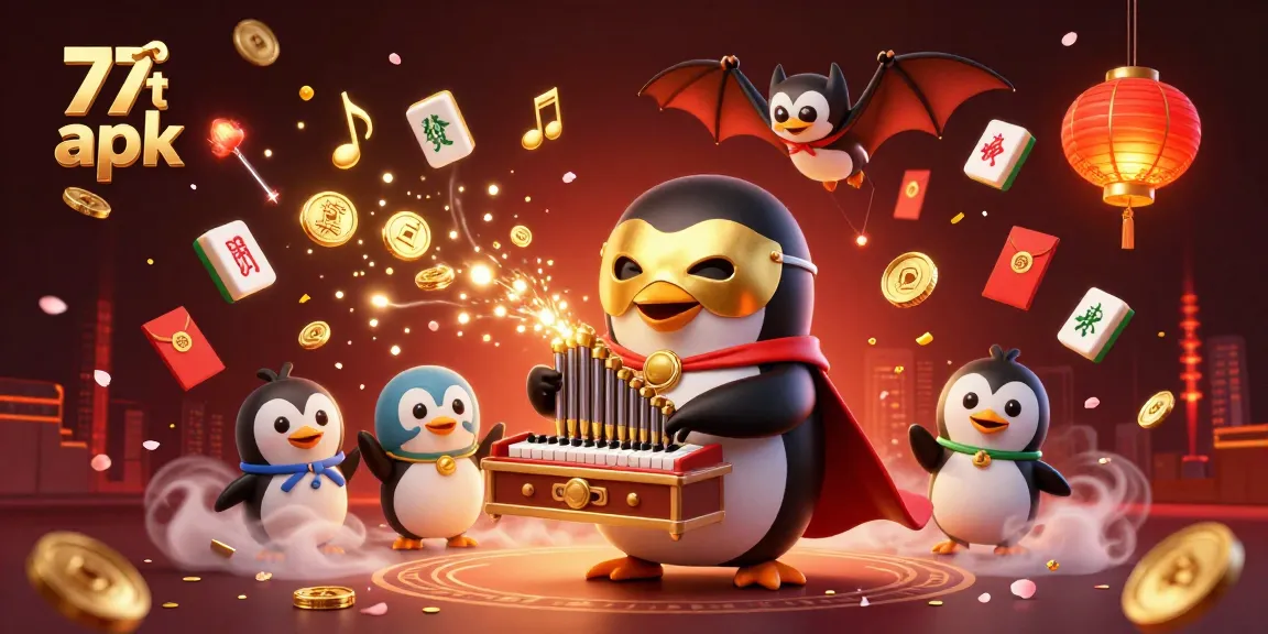 Experience the excitement of 77rt apk with a cartoon penguin, golden coins, and vibrant, festive elements.