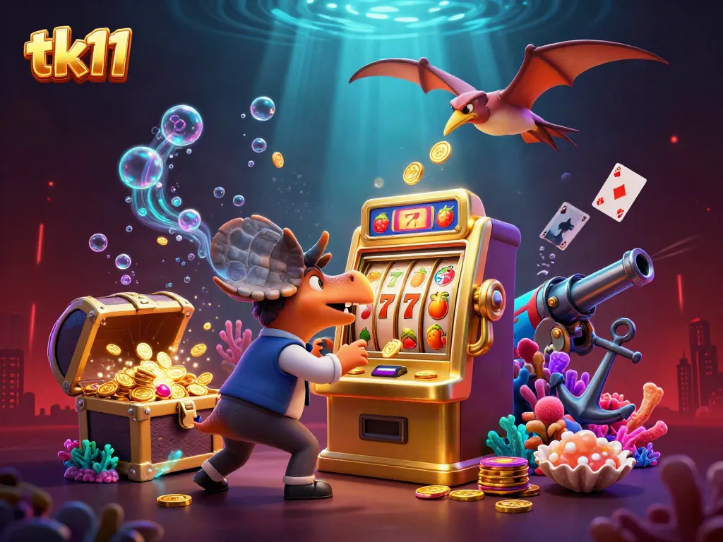 tk11 characters celebrating casino wins with vibrant slot machine and golden coins in a dynamic scene.