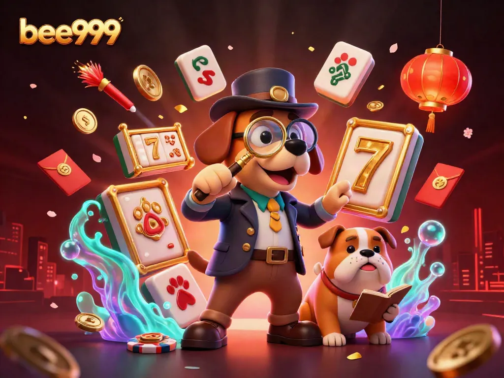 Engage with the bee999 adventure involving a detective and dog uncovering treasures amidst vibrant casino elements.