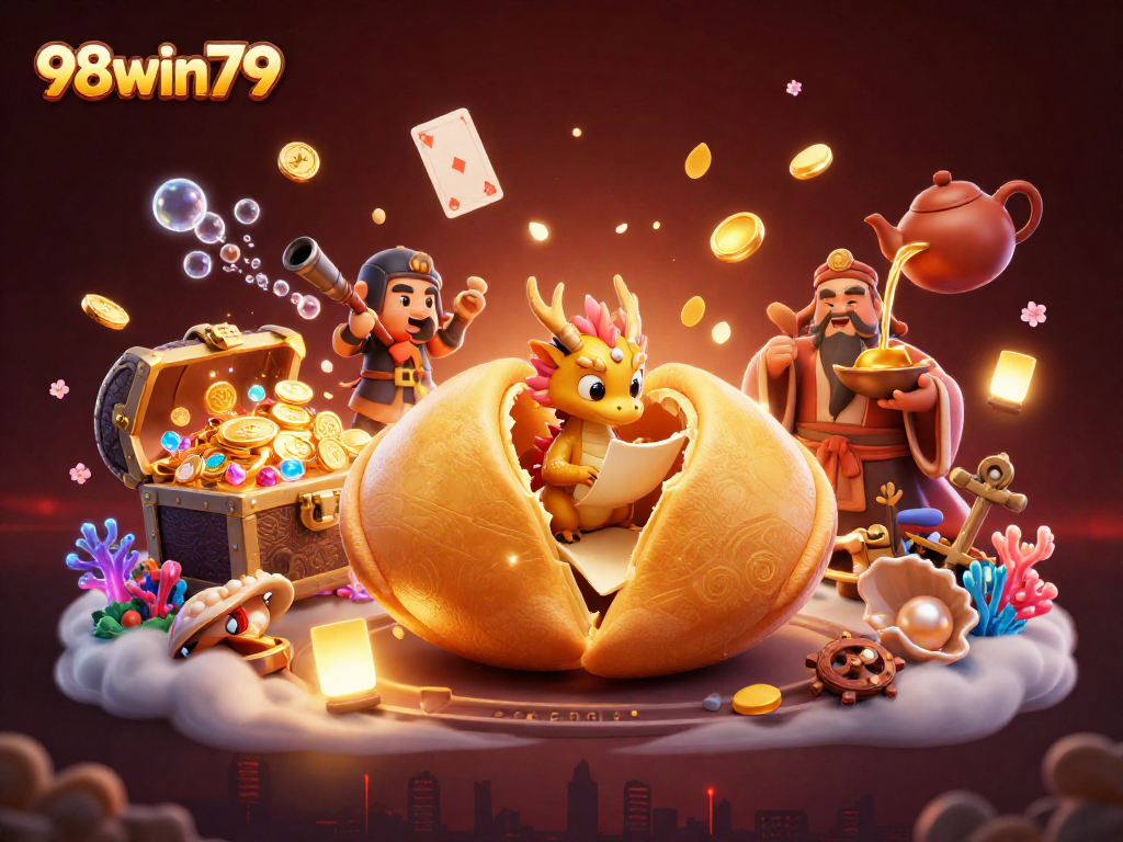 Experience the excitement of 98win79 with a vibrant casino scene featuring a giant fortune cookie and wise dragon.