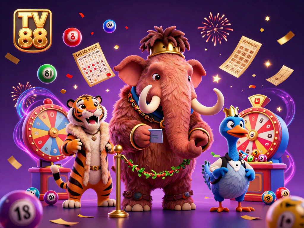 Experience the vibrant world of TV 88 with a lively casino scene featuring unique characters and dynamic game elements.