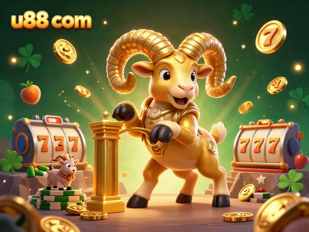 Join the excitement at u88 com with a dynamic 3D illustration of a golden ram charging through a jackpot scene.